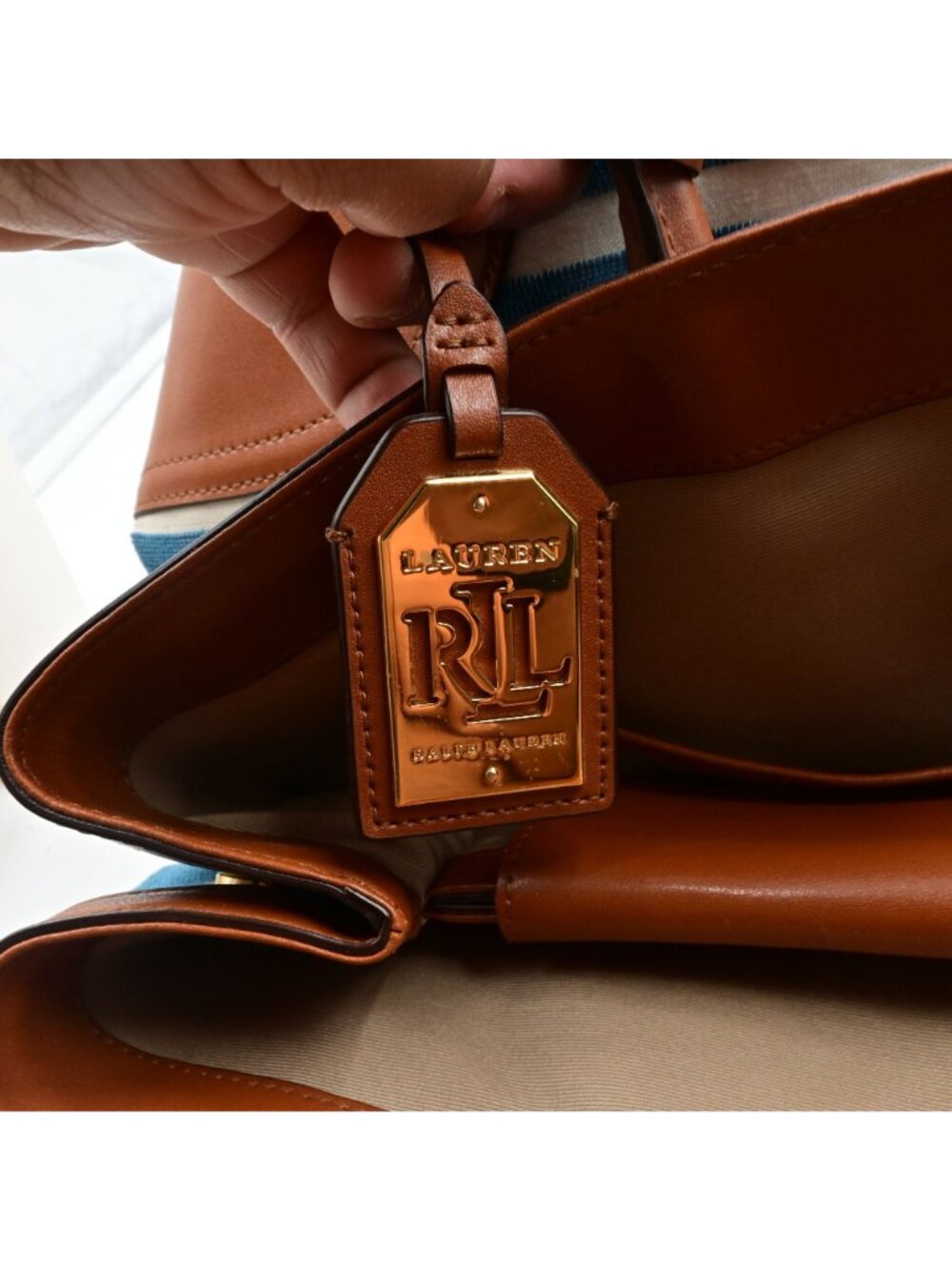 Lauren Ralph Lauren Fairfield City Striped Canvas Tote Bag Tan Leather Trim - Picture 8 of 16